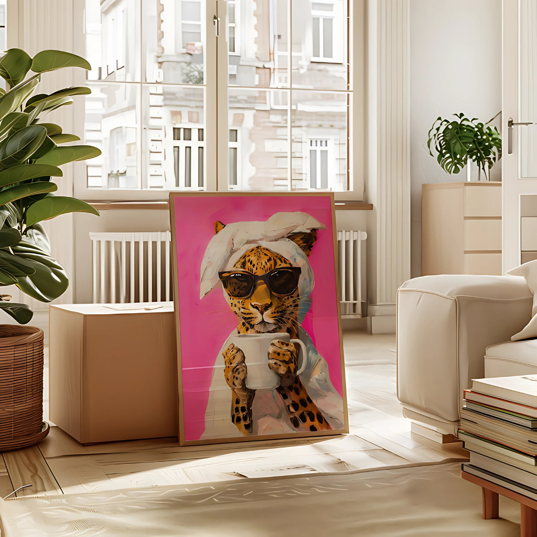 Leopard Drinking Coffee Maximalist Oil Painting(Printable+Physical)