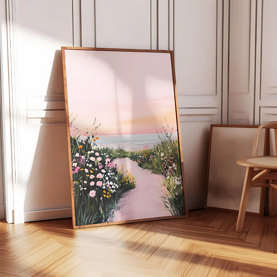 Pink Coastal Beach Spring Wildflower Landscape Painting Art(Printable+Physical)