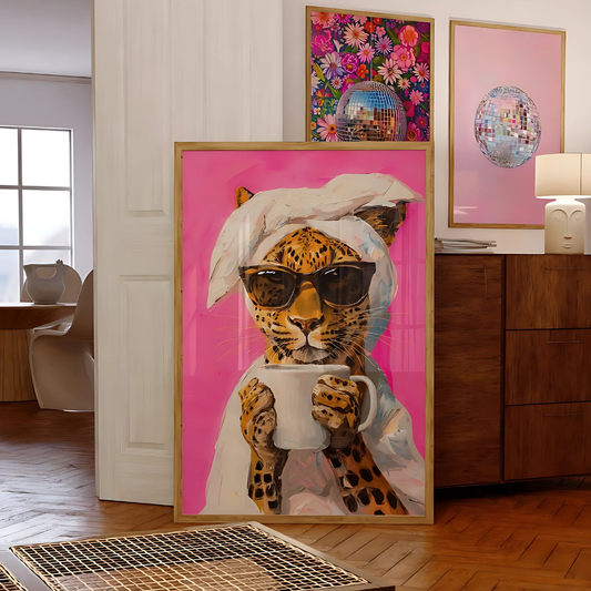 Leopard Drinking Coffee Maximalist Oil Painting(Printable+Physical)
