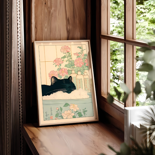 Black Cat Japanese Bathroom Minimalist Wall Art(Printable+Physical)