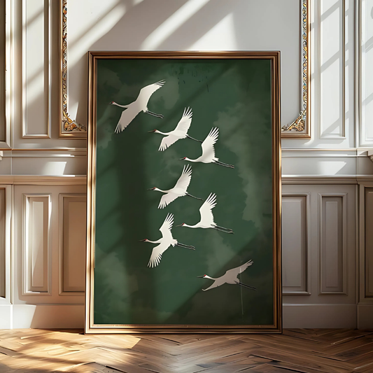 Flying Cranes Japandi  Green White Bird Print(Printable+Physical)