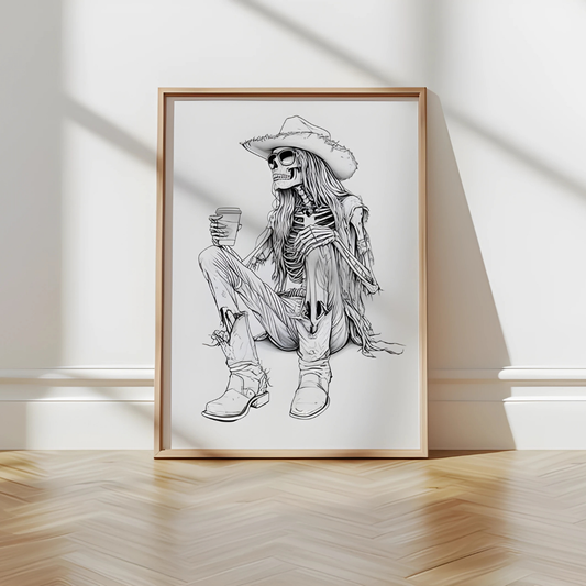 Skeleton Cowboy Drinking Cofee Print(Printable+Physical)