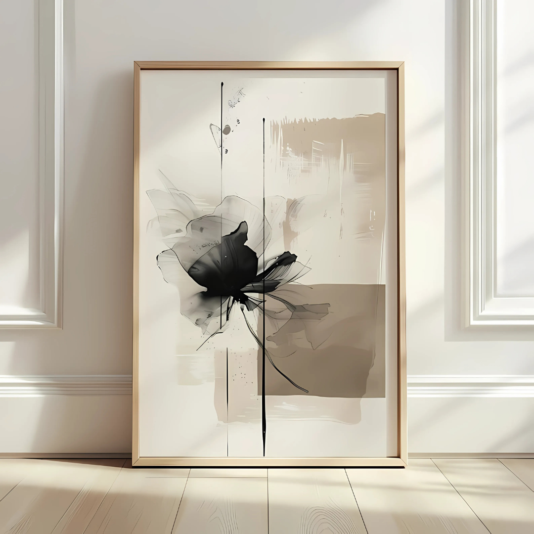 Modern Minimalist Art Beige Black Flower Abstract Art (Printable+Physical)