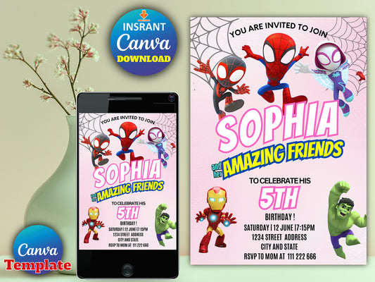 Watercolor Spidey and HER Amazing Friends Birthday Party Invitation(Printable)
