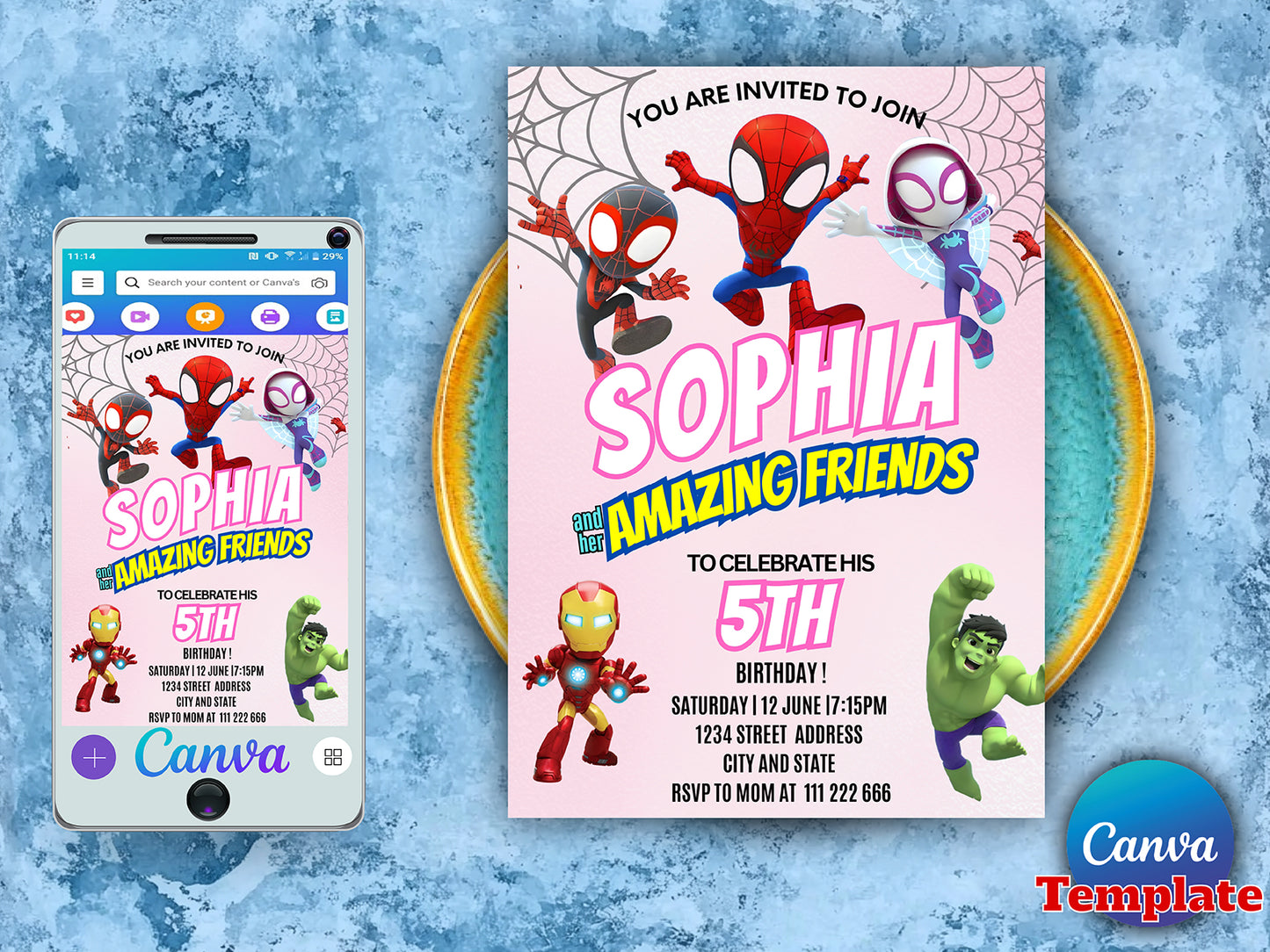 Watercolor Spidey and HER Amazing Friends Birthday Party Invitation(Printable)