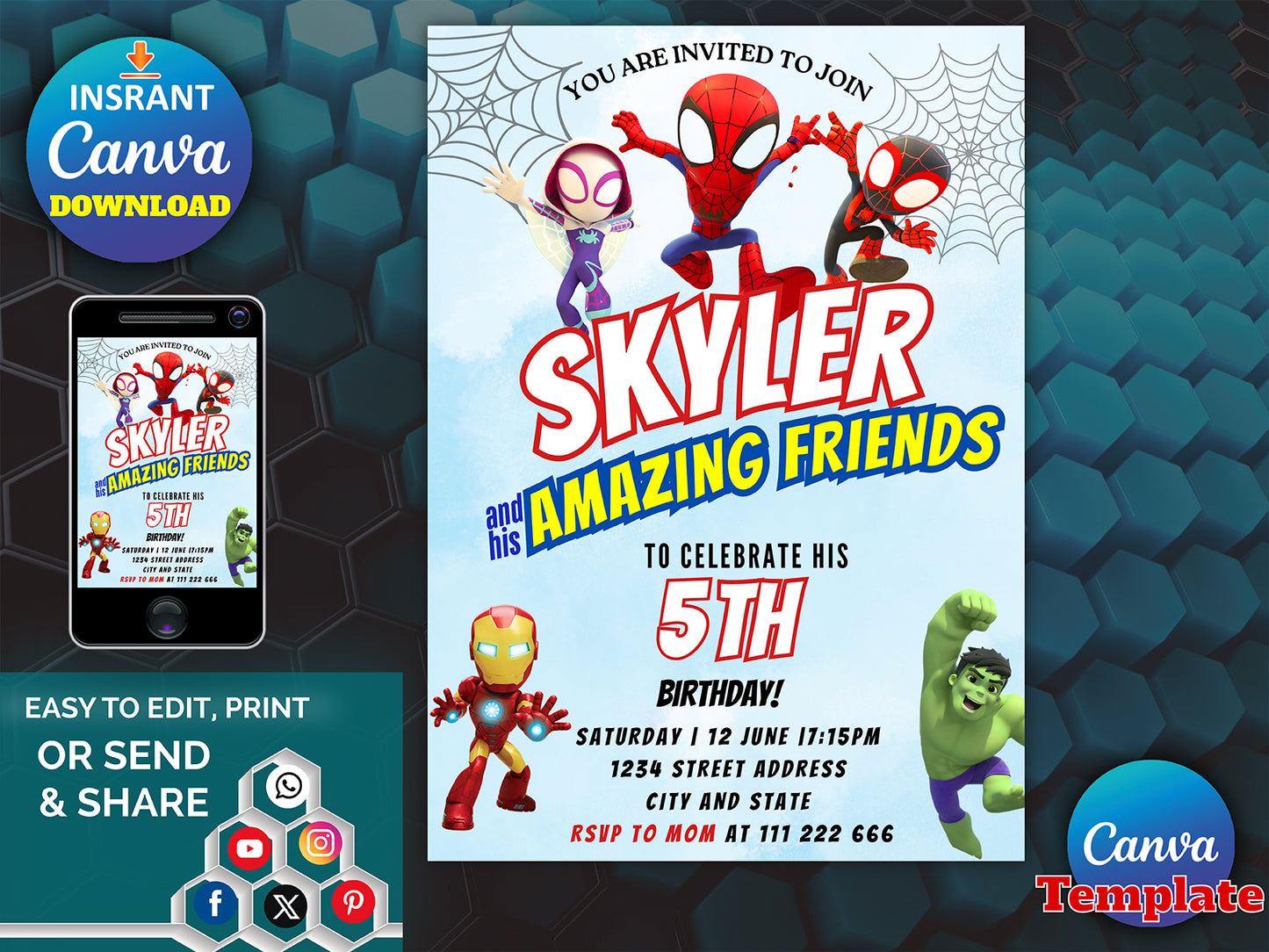 Watercolor Spidey and his Amazing Friends Birthday Party Invitation(Printable)