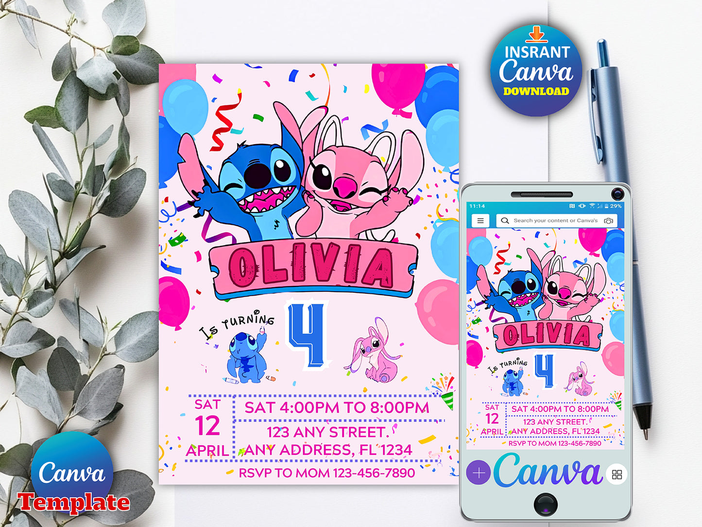 Editable Stitch Birthday Invitation Template(Printable)