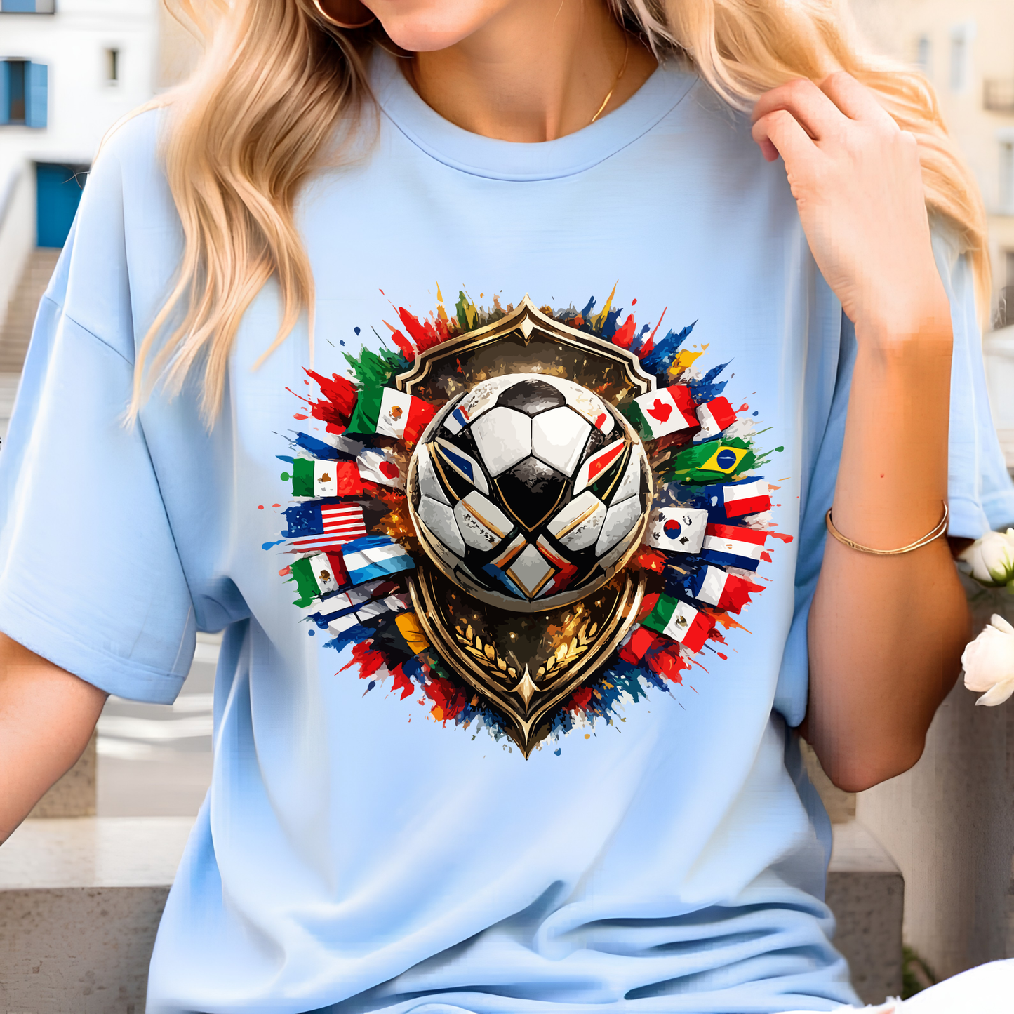 Global Flags Soccer Shield T-Shirt - 2026 World Cup International Football Fan Tee (physical)
