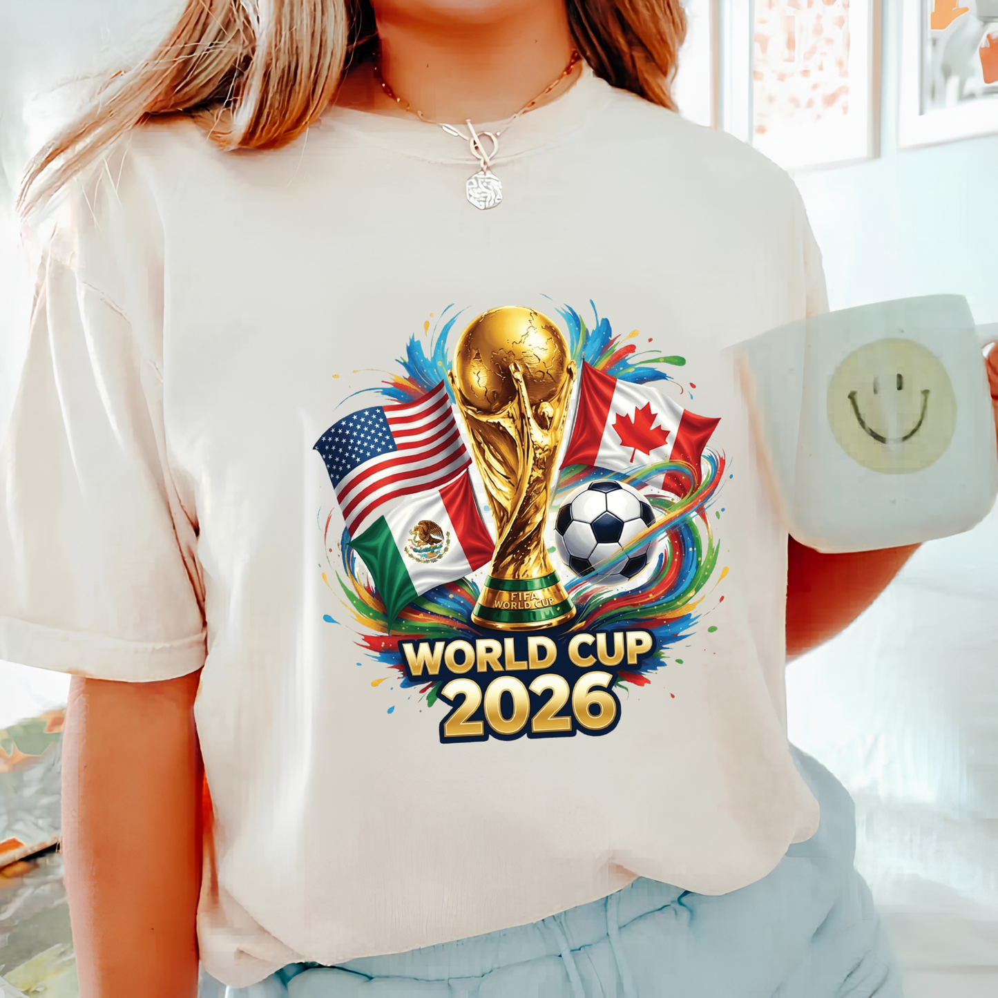 FIFA World Cup 2026 Host Country Flags Light Blue Graphic T-Shirt(physical)