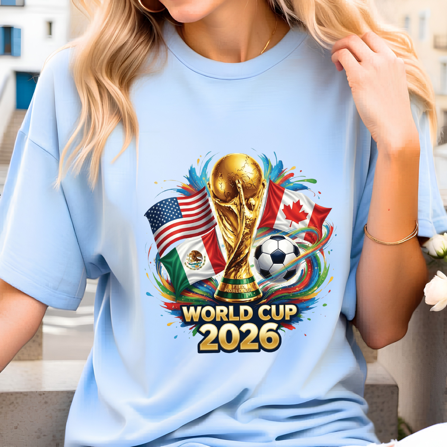 FIFA World Cup 2026 Host Country Flags Light Blue Graphic T-Shirt(physical)