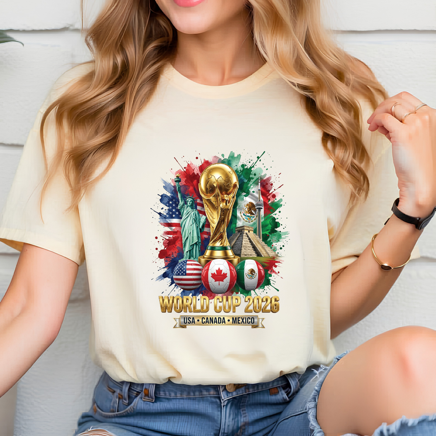 Vibrant Watercolor Splash Global Football Event 2026 Golden Trophy Tee (physical)