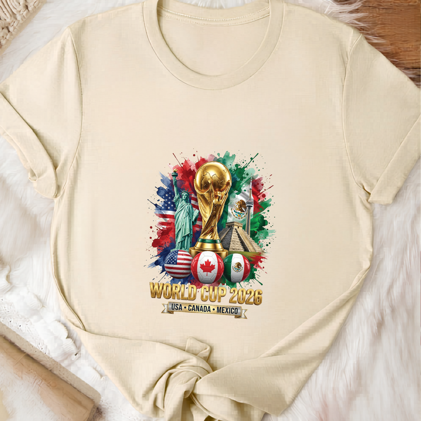 Vibrant Watercolor Splash Global Football Event 2026 Golden Trophy Tee (physical)